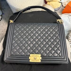 AUTHENTIC CHANEL Black LAMB Quilted Jumbo Boy Bag with Gold Hardware